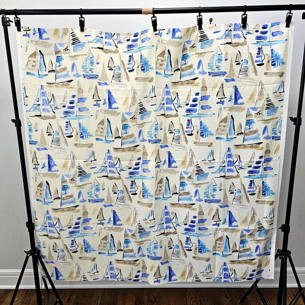 Mill Creek Tan And Blue Sailboats Nautical Outdoor Fabric Remnant 56x55 Inches - Picture 2 of 4